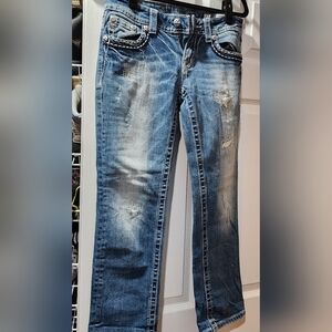 Miss Me Blue Medium Wash Capri With Distressed Jeweled Pockets Jeans, Size 27